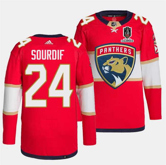 Men%27s Florida Panthers #24 Justin Sourdif Red Home 2024 Stanley Cup Champions Stitched Jersey Dzhi->florida panthers->NHL Jersey